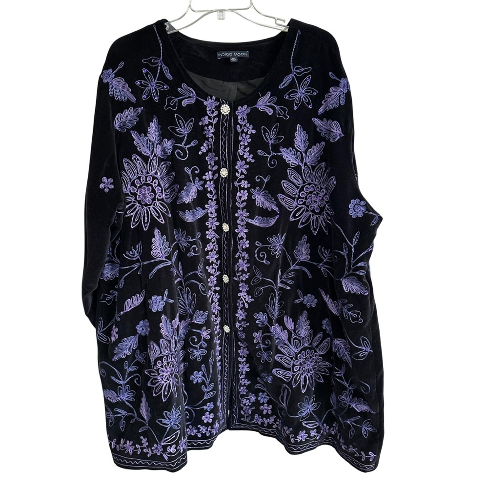 Indigo Moon Black Velvet Purple Floral Embroidered Cardigan Shacket 3X Crystals